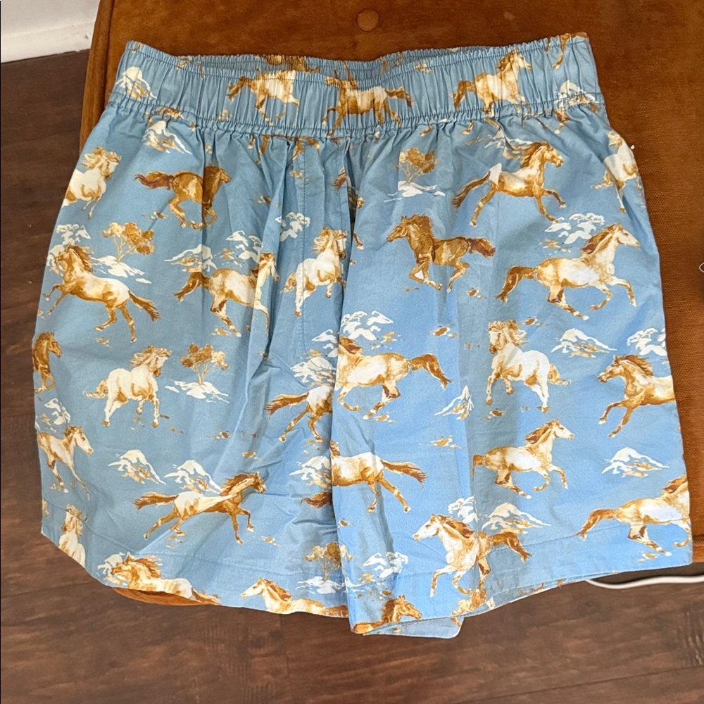 Ganni Blue Horse Print High Waist Women's Shorts